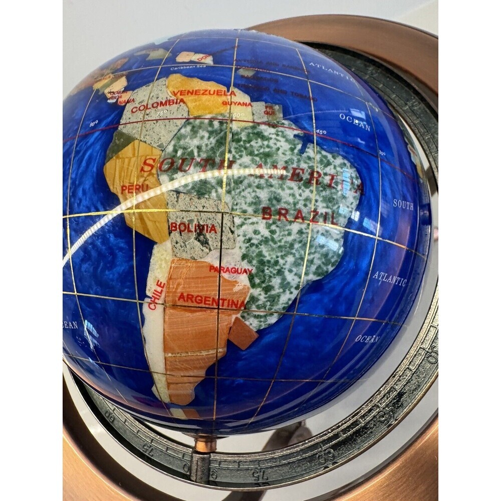 VINTAGE LAPIS LAZULI WORLD GLOBE DESK TABLE TOP GEMSTONES COPPER STAND COMPASS